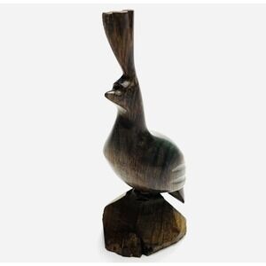 Hand Carved Wooden Bird Figurine Dark Wood 5" Tall Flat Crested Ironwood Exotic